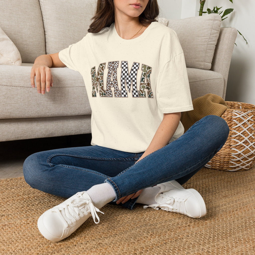 Mama Graphic T-Shirt — Patchwork Leopard, Camo & Checkerboard Design