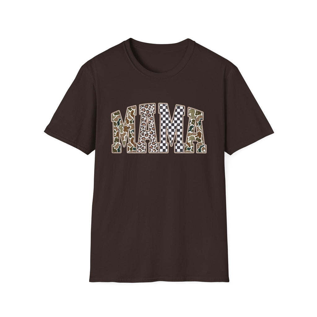 Mama Graphic T-Shirt — Patchwork Leopard, Camo & Checkerboard Design