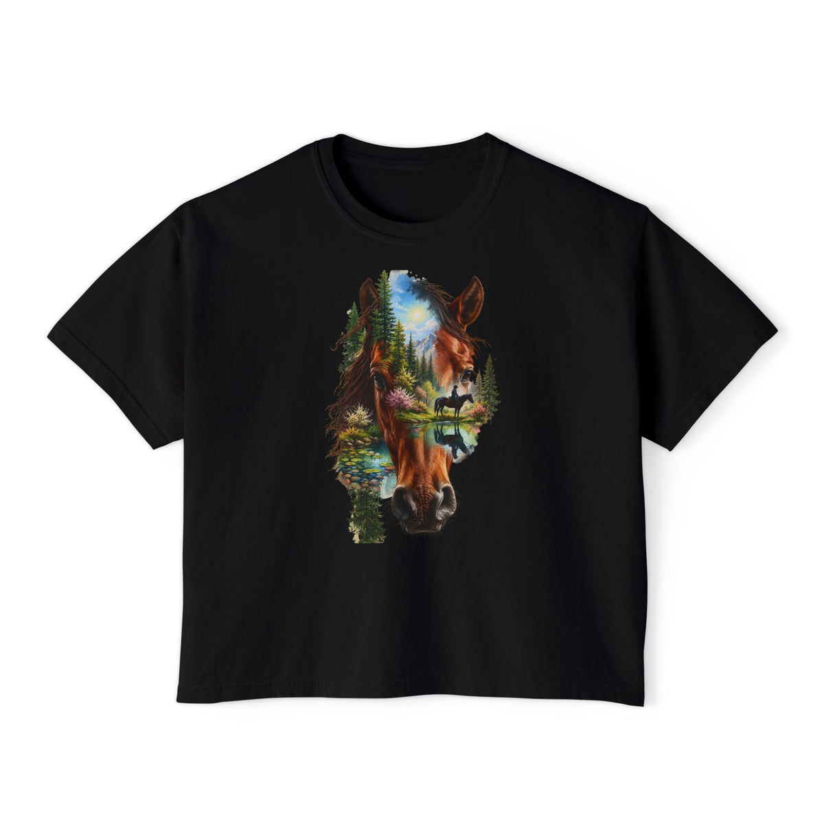 Women's Boxy Tee – Scenic Horse Double Exposure Graphic