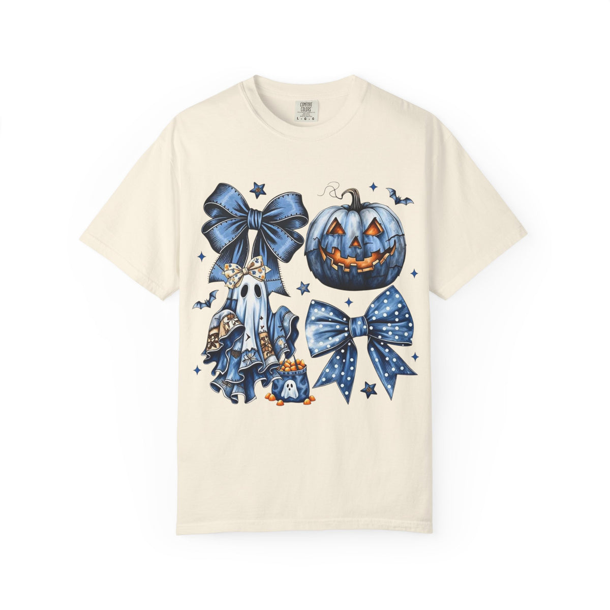 Halloween Blue Pumpkin & Ghost Graphic T-Shirt — Cute Spooky Bow Design