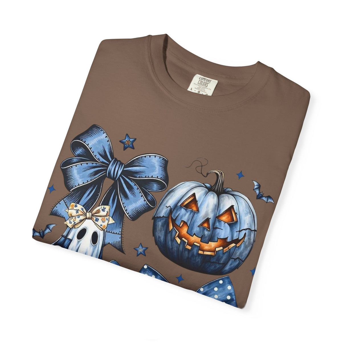 Halloween Blue Pumpkin & Ghost Graphic T-Shirt — Cute Spooky Bow Design