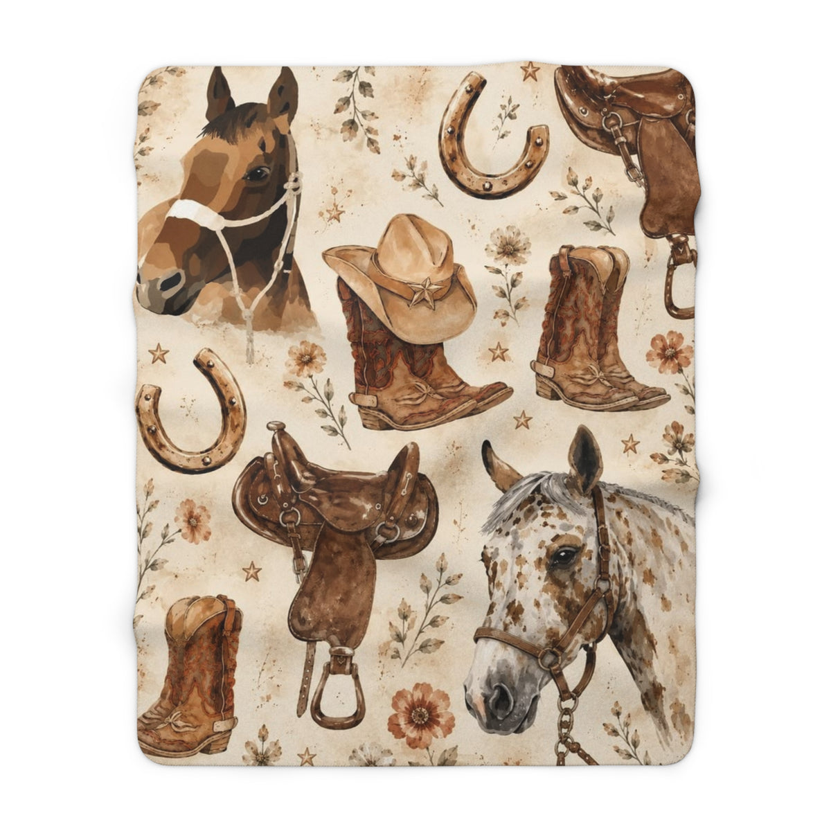 Cowboy Horse Sherpa Blanket - Western Boots, Saddles & Horses Throw