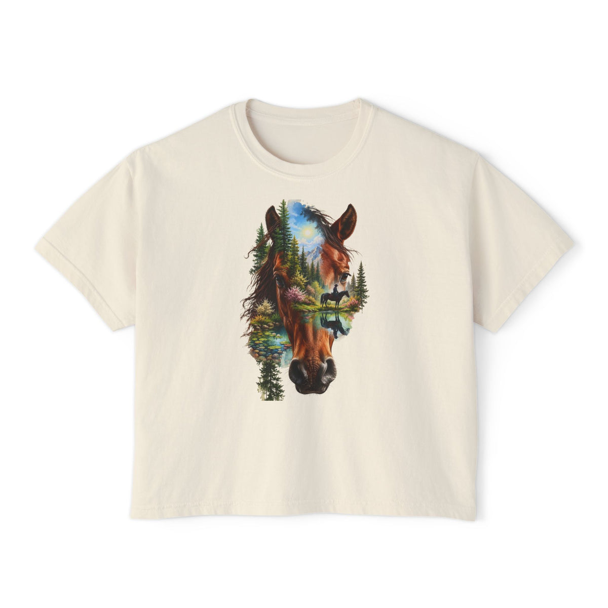Women's Boxy Tee – Scenic Horse Double Exposure Graphic