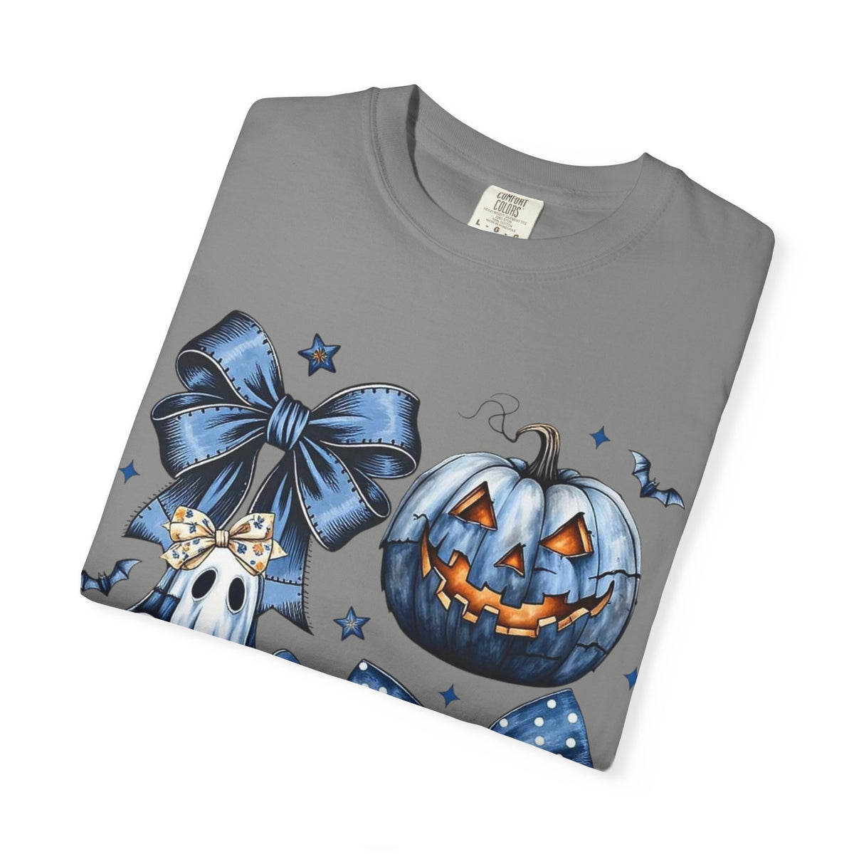 Halloween Blue Pumpkin & Ghost Graphic T-Shirt — Cute Spooky Bow Design