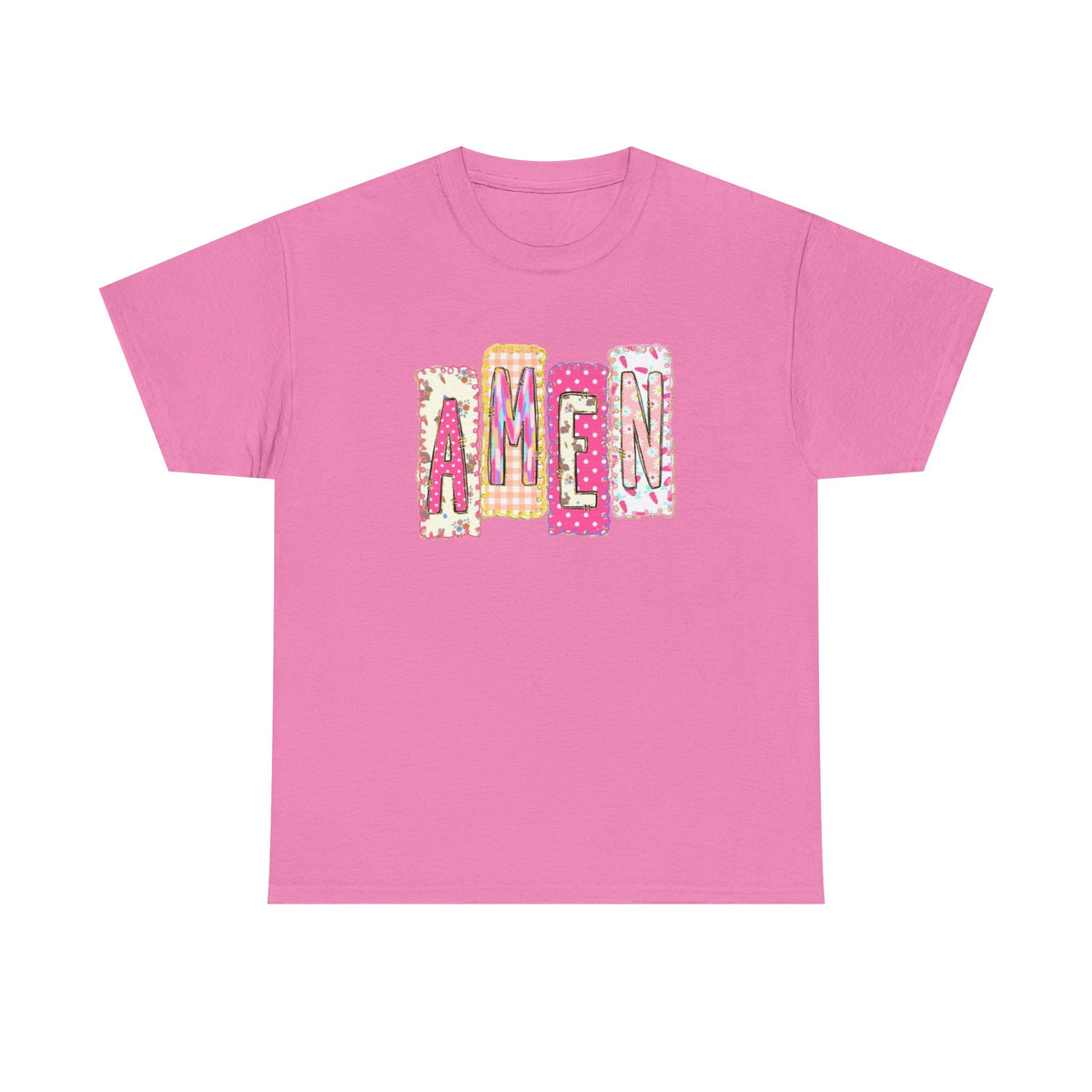 Amen Graphic Tee — Pink Patchwork Lettering Christian T‑Shirt