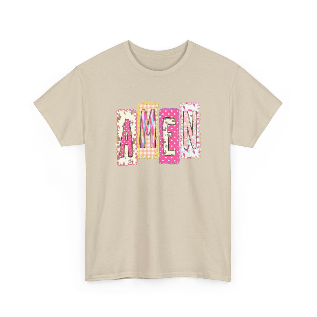 Amen Graphic Tee — Pink Patchwork Lettering Christian T‑Shirt