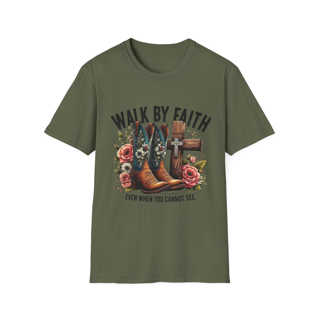 Walk By Faith T-Shirt — Western Boots & Cross Floral Christian Tee
