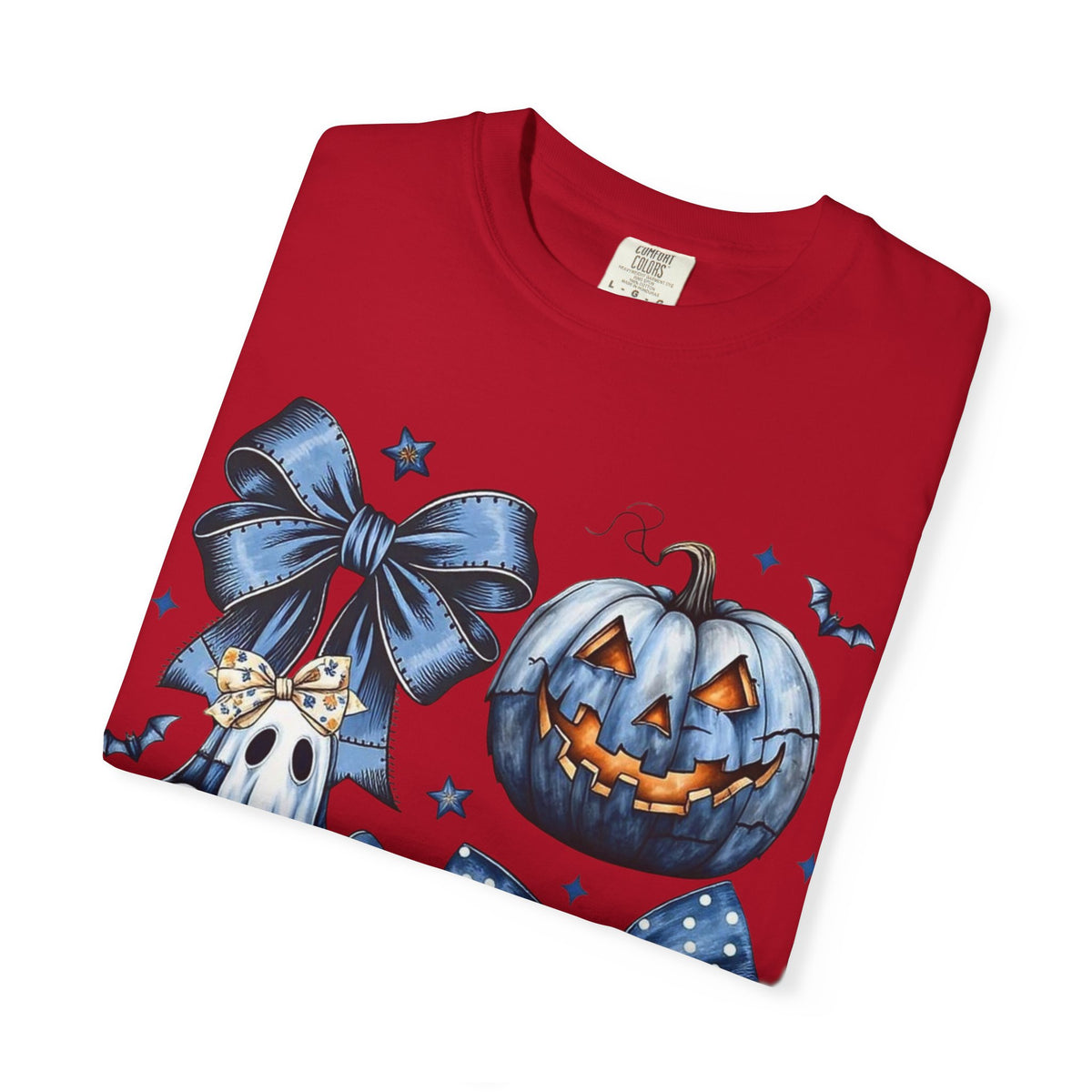 Halloween Blue Pumpkin & Ghost Graphic T-Shirt — Cute Spooky Bow Design