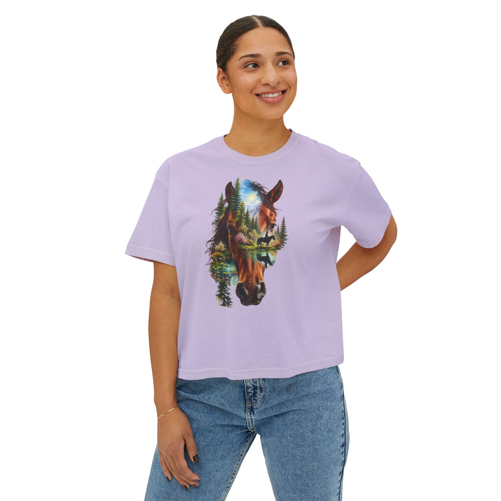 Women's Boxy Tee – Scenic Horse Double Exposure Graphic