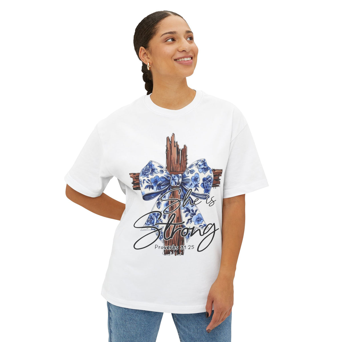 Cross & Bow Tee - Jesus Is Strong Graphic Oversized T-Shirt