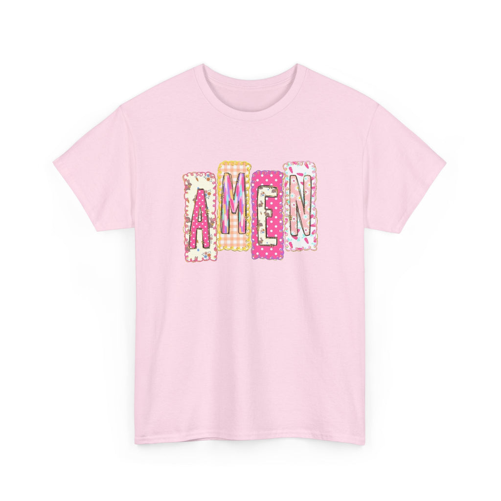 Amen Graphic Tee — Pink Patchwork Lettering Christian T‑Shirt