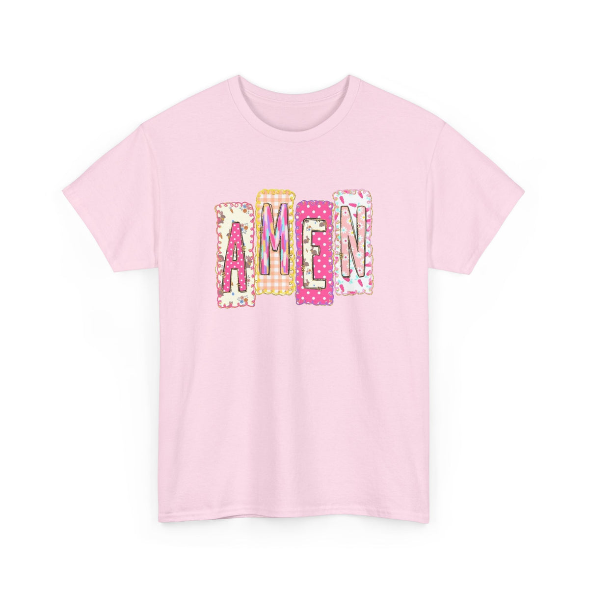 Amen Graphic Tee — Pink Patchwork Lettering Christian T‑Shirt