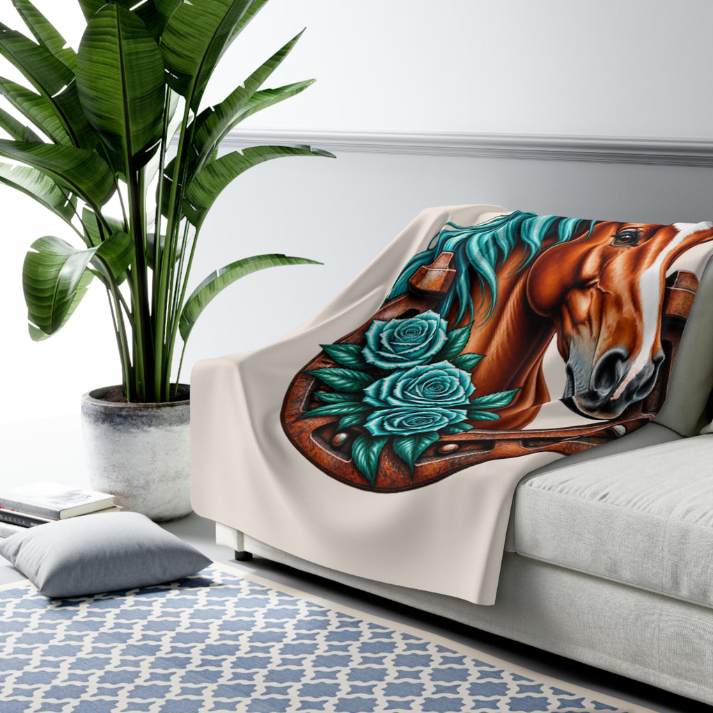 Horse & Horseshoe Sherpa Blanket — Teal Mane Floral Equestrian Throw
