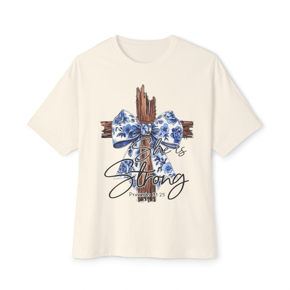 Cross & Bow Tee - Jesus Is Strong Graphic Oversized T-Shirt