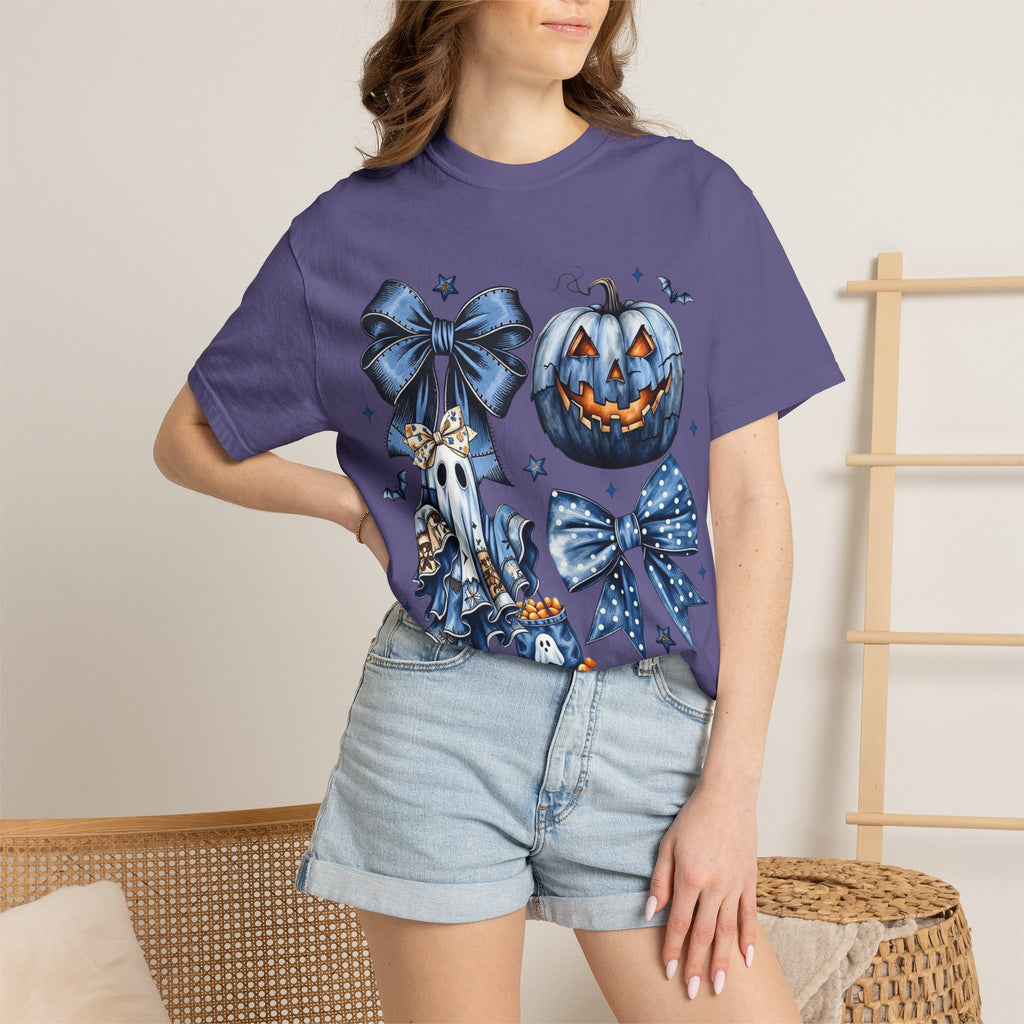 Halloween Blue Pumpkin & Ghost Graphic T-Shirt — Cute Spooky Bow Design