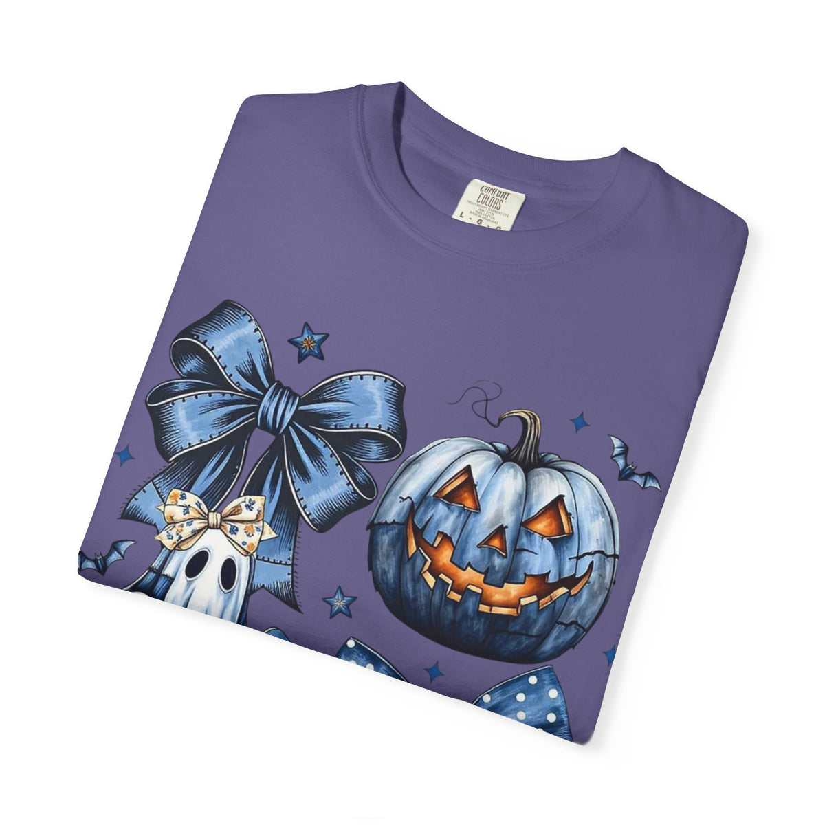 Halloween Blue Pumpkin & Ghost Graphic T-Shirt — Cute Spooky Bow Design