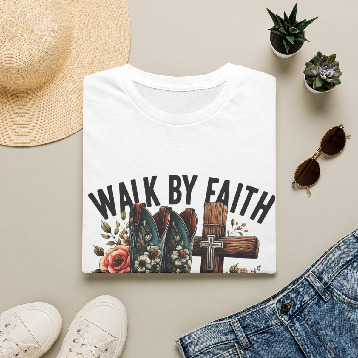 Walk By Faith T-Shirt — Western Boots & Cross Floral Christian Tee