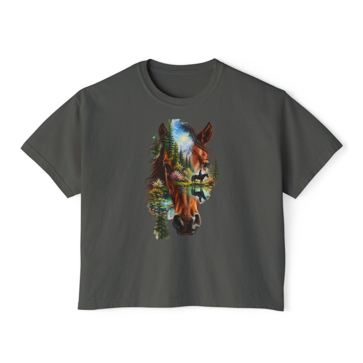 Women's Boxy Tee – Scenic Horse Double Exposure Graphic
