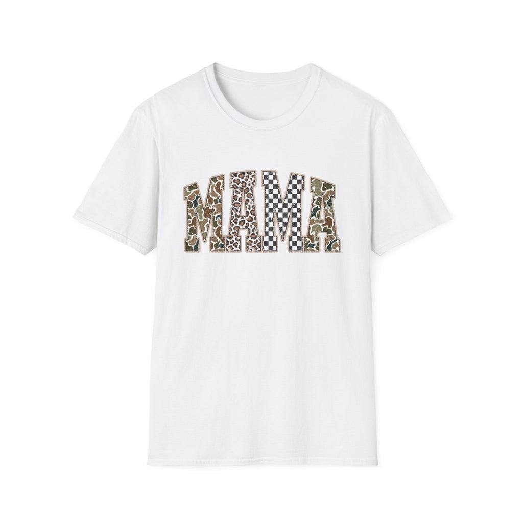 Mama Graphic T-Shirt — Patchwork Leopard, Camo & Checkerboard Design
