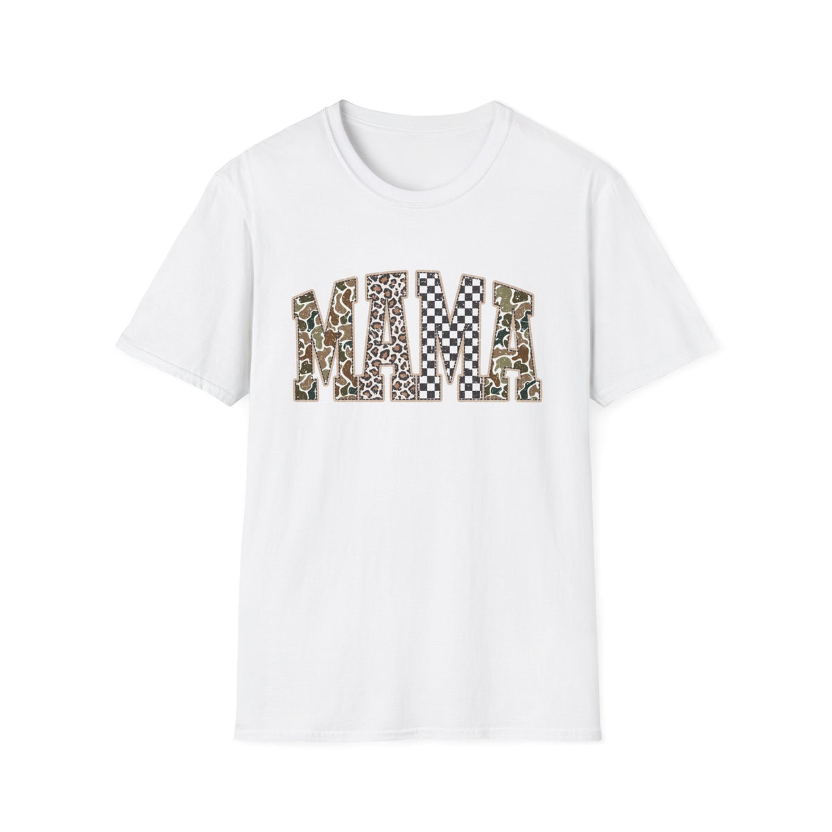 Mama Graphic T-Shirt — Patchwork Leopard, Camo & Checkerboard Design