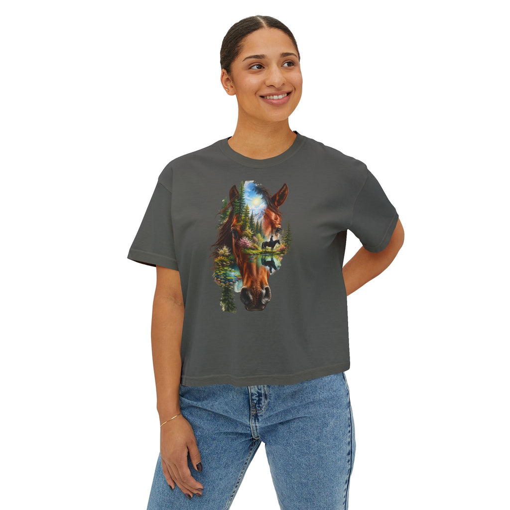 Women's Boxy Tee – Scenic Horse Double Exposure Graphic