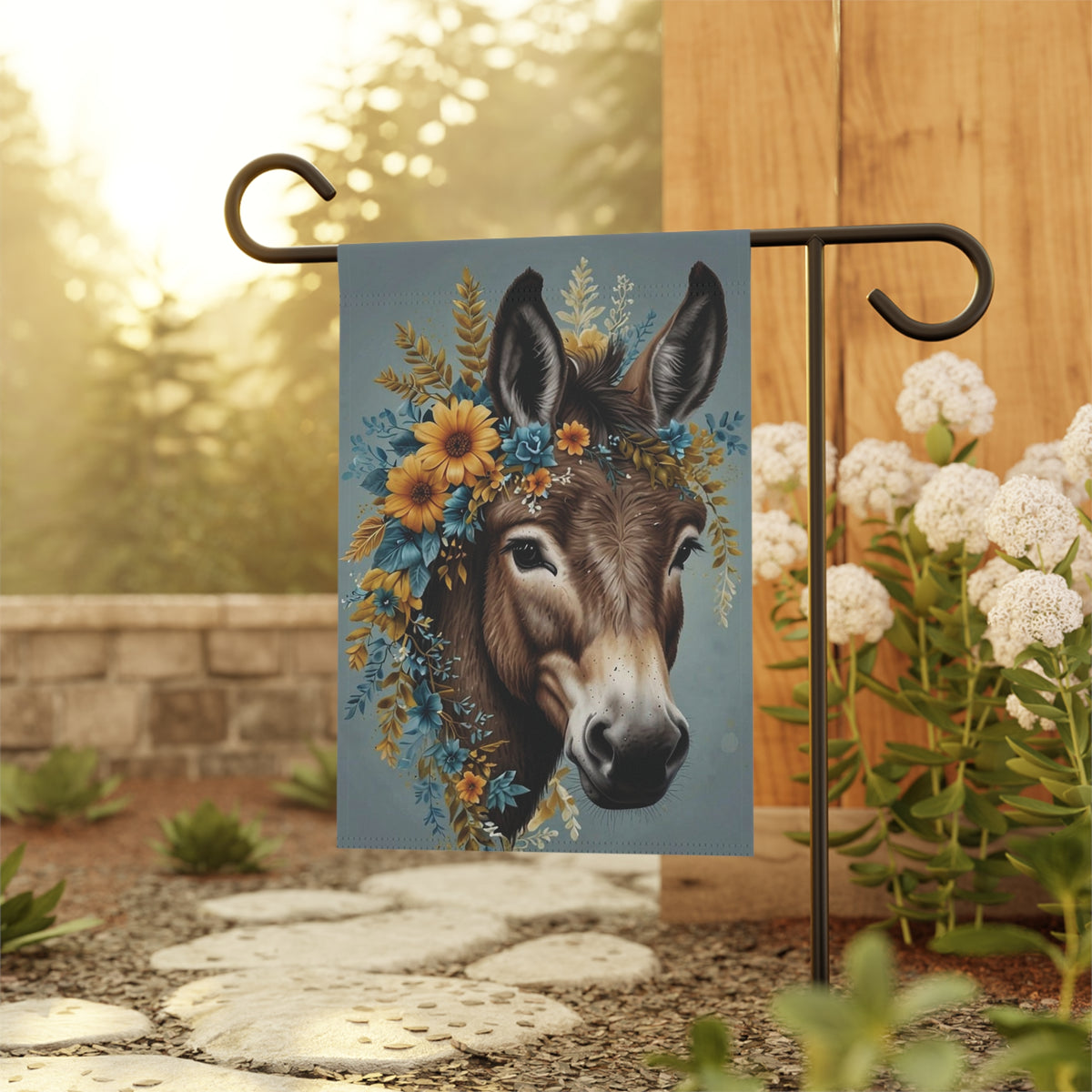 Donkey with Floral Wreath Garden Flag — Rustic Farmhouse Garden Banner