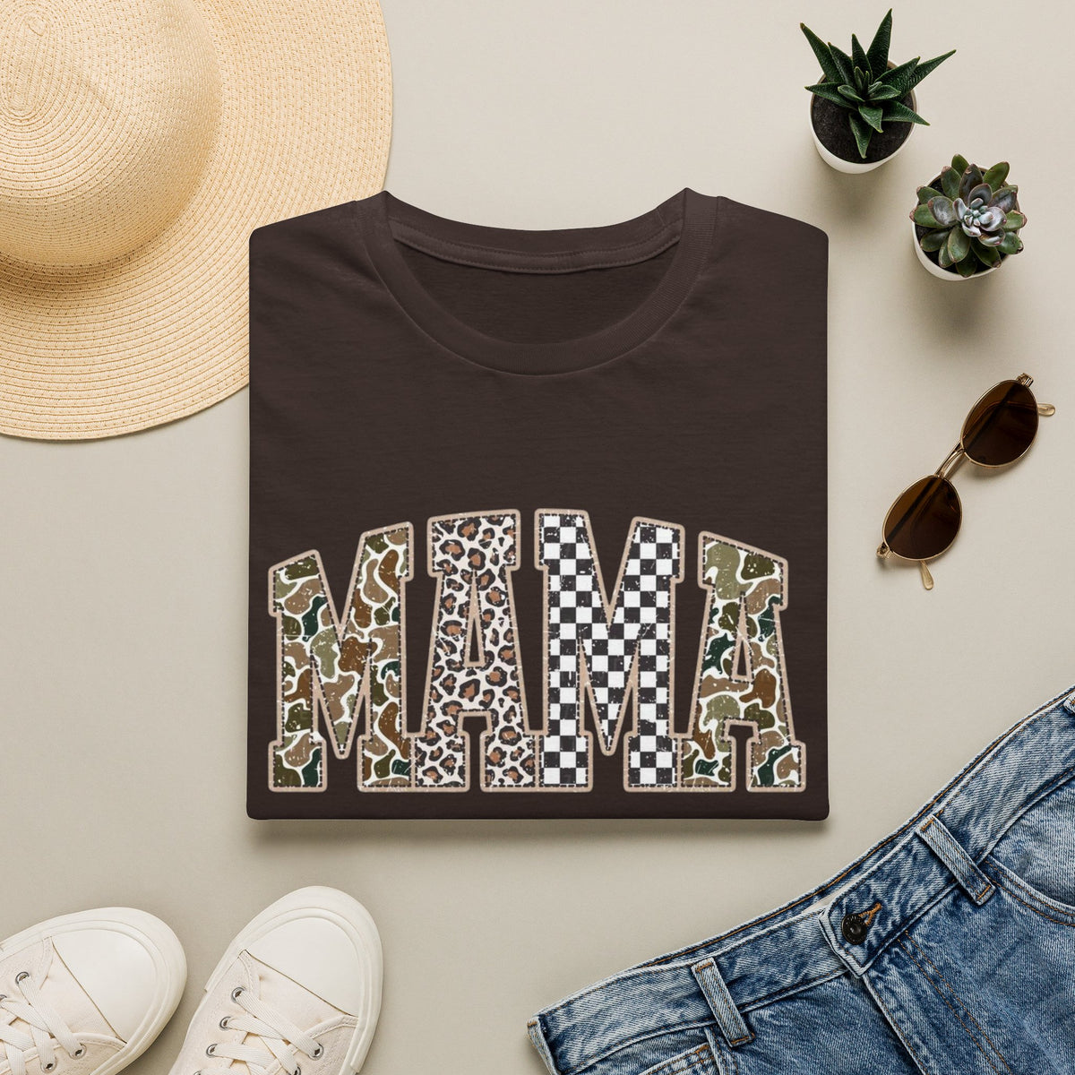 Mama Graphic T-Shirt — Patchwork Leopard, Camo & Checkerboard Design