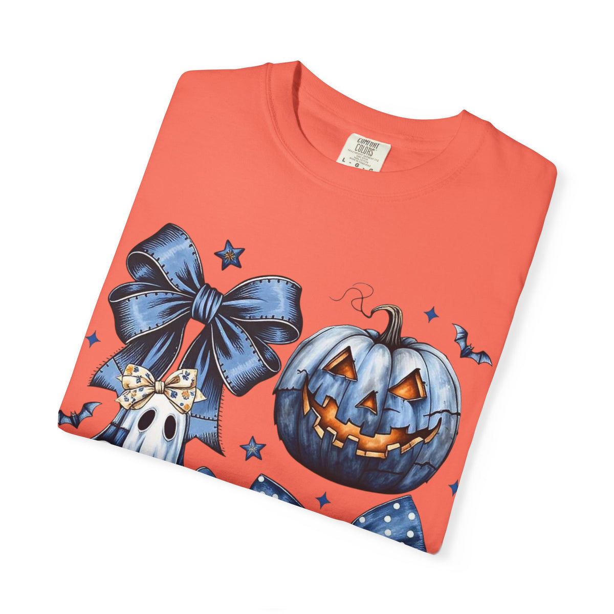 Halloween Blue Pumpkin & Ghost Graphic T-Shirt — Cute Spooky Bow Design