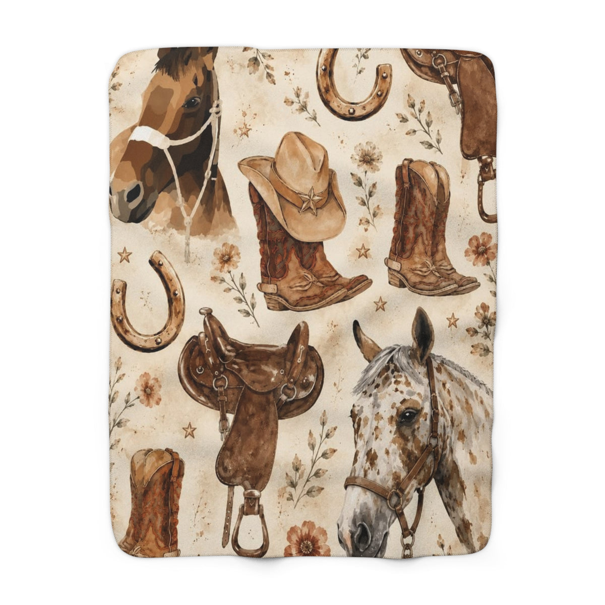 Cowboy Horse Sherpa Blanket - Western Boots, Saddles & Horses Throw
