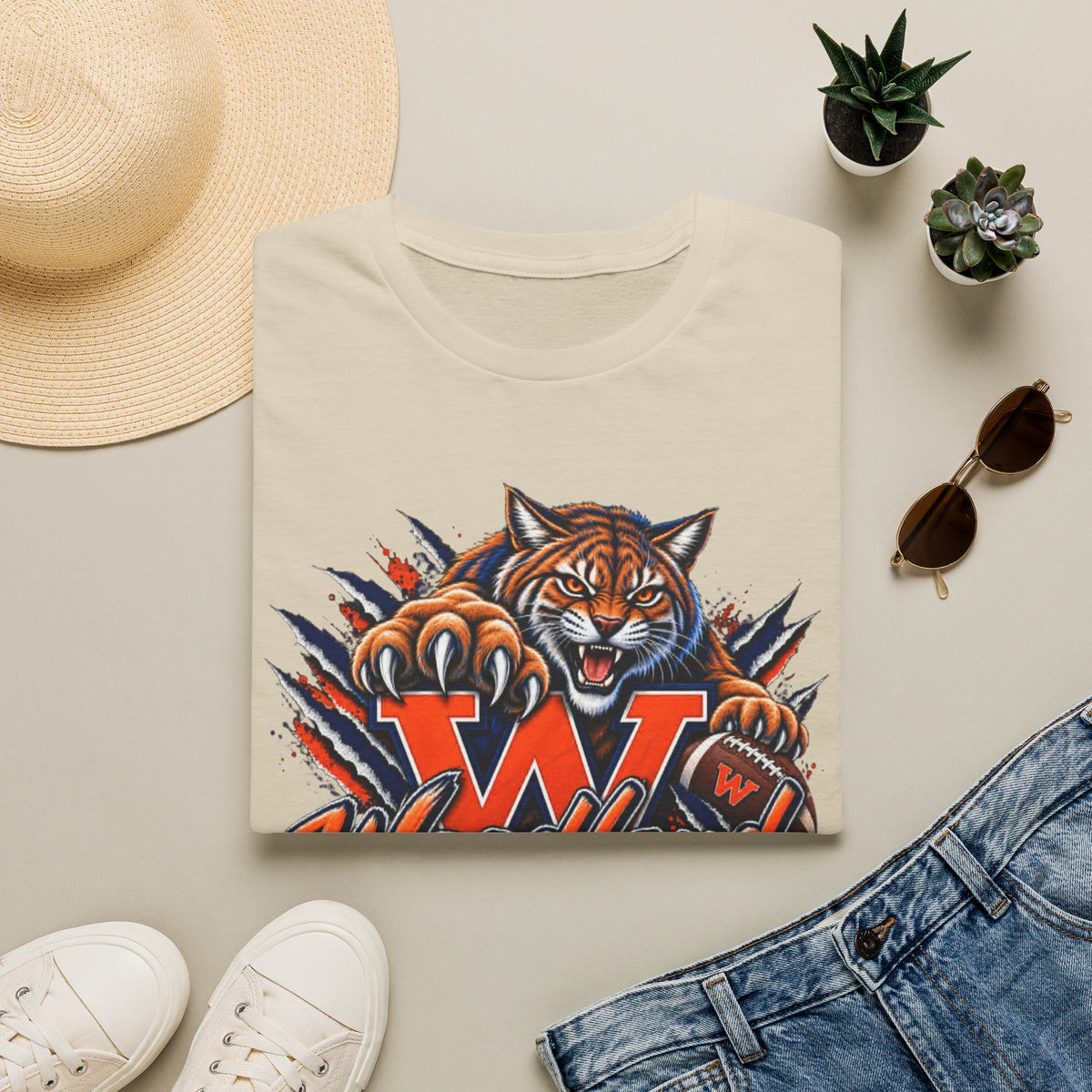 Bobcats High School T-Shirt — Woodland 'W' Mascot Tiger Design