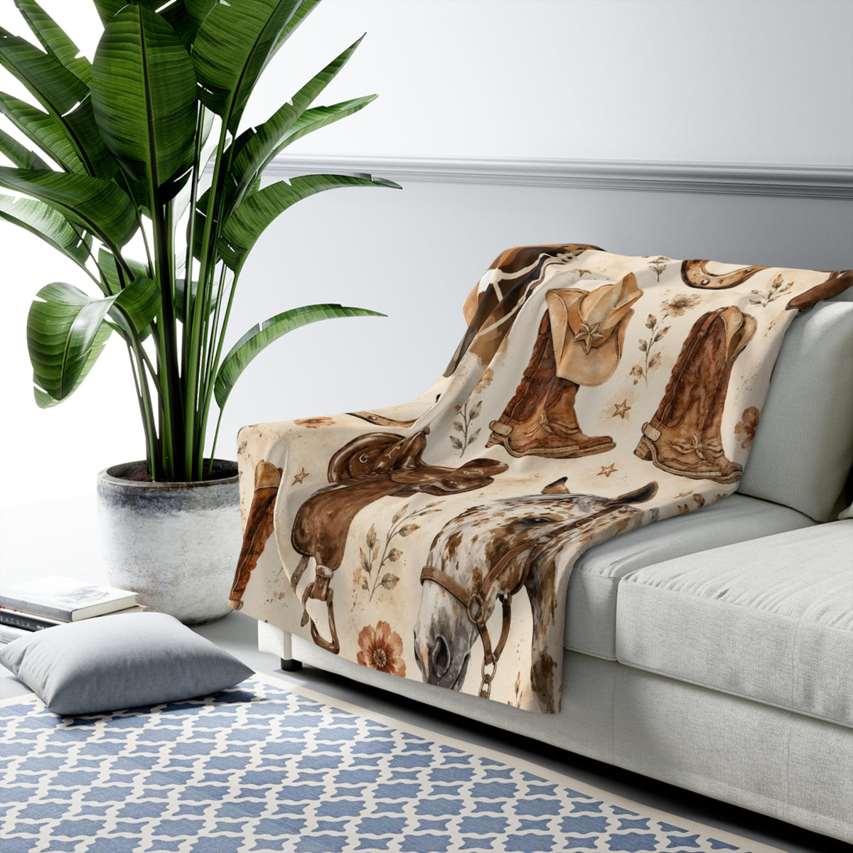 Cowboy Horse Sherpa Blanket - Western Boots, Saddles & Horses Throw