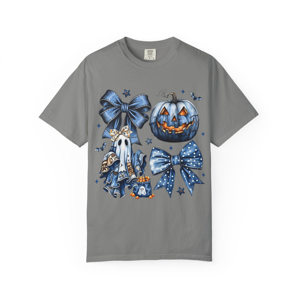 Halloween Blue Pumpkin & Ghost Graphic T-Shirt — Cute Spooky Bow Design
