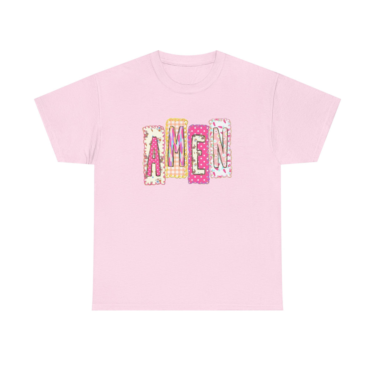 Amen Graphic Tee — Pink Patchwork Lettering Christian T‑Shirt