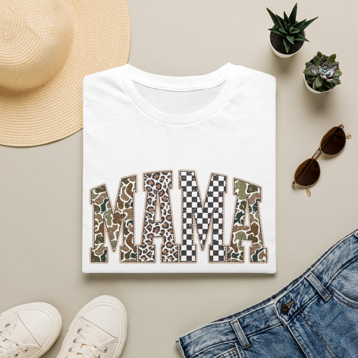 Mama Graphic T-Shirt — Patchwork Leopard, Camo & Checkerboard Design