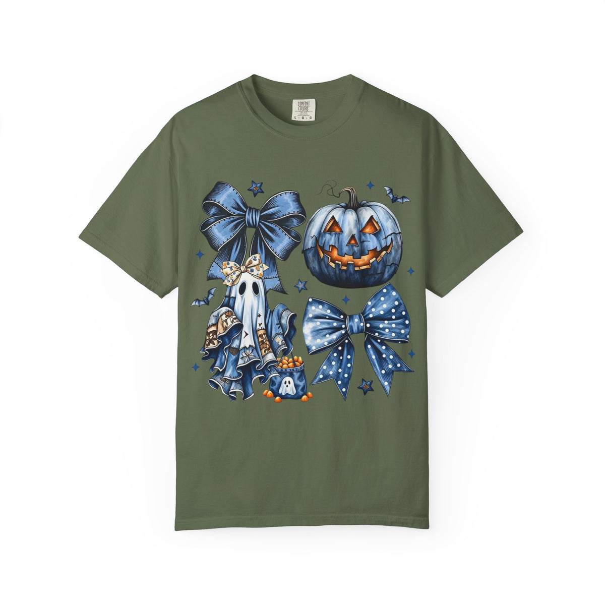 Halloween Blue Pumpkin & Ghost Graphic T-Shirt — Cute Spooky Bow Design