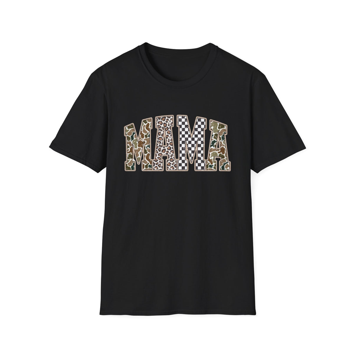 Mama Graphic T-Shirt — Patchwork Leopard, Camo & Checkerboard Design