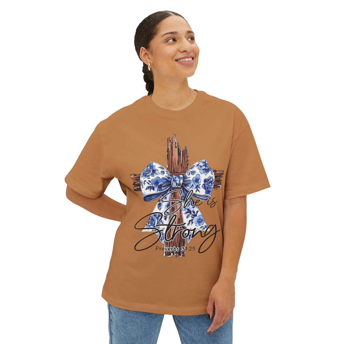 Cross & Bow Tee - Jesus Is Strong Graphic Oversized T-Shirt