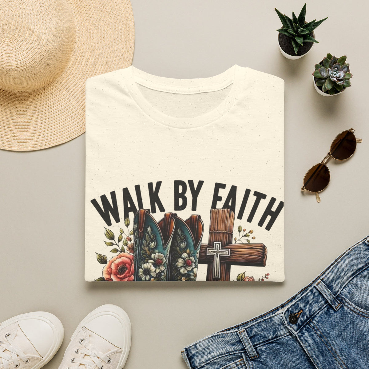Walk By Faith T-Shirt — Western Boots & Cross Floral Christian Tee