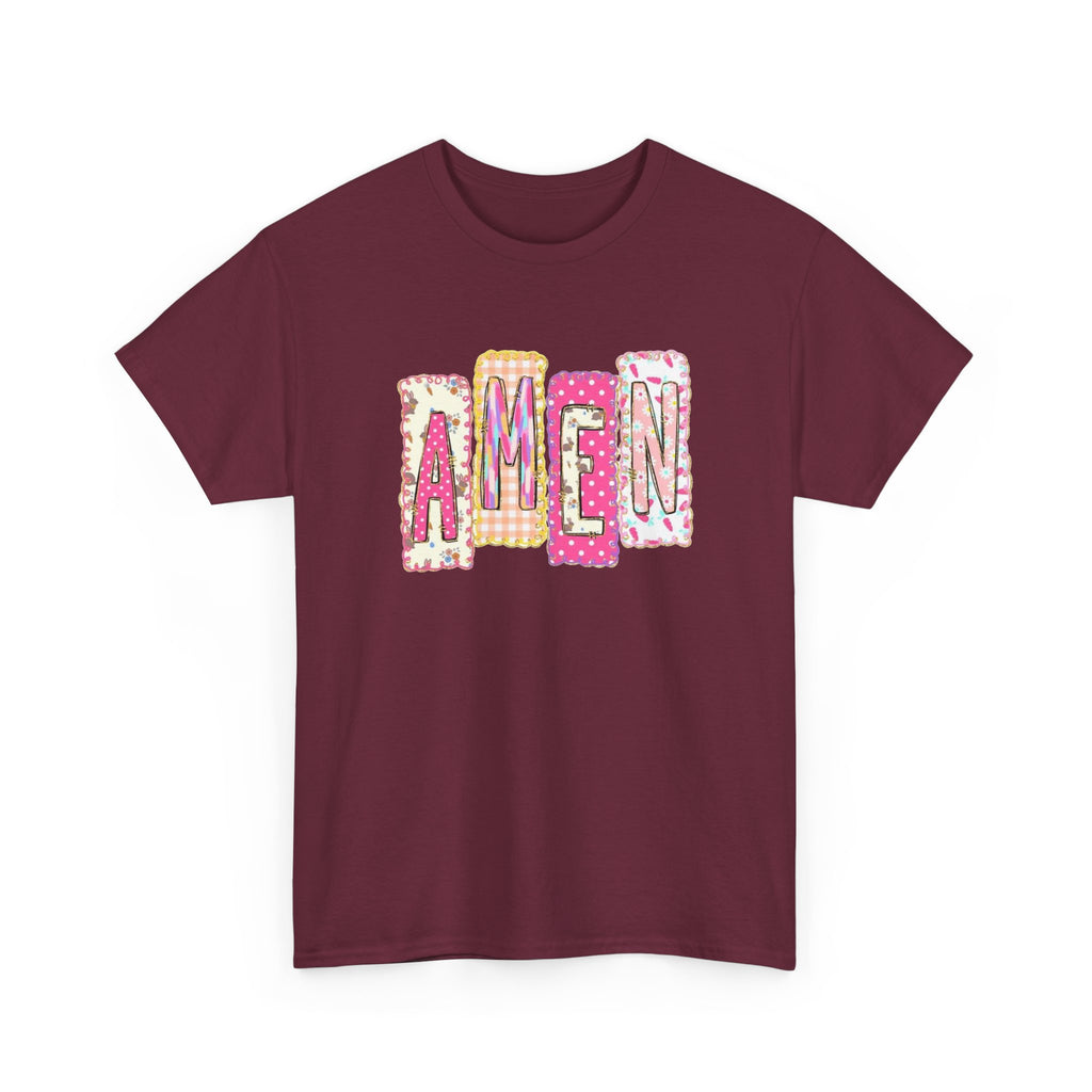 Amen Graphic Tee — Pink Patchwork Lettering Christian T‑Shirt