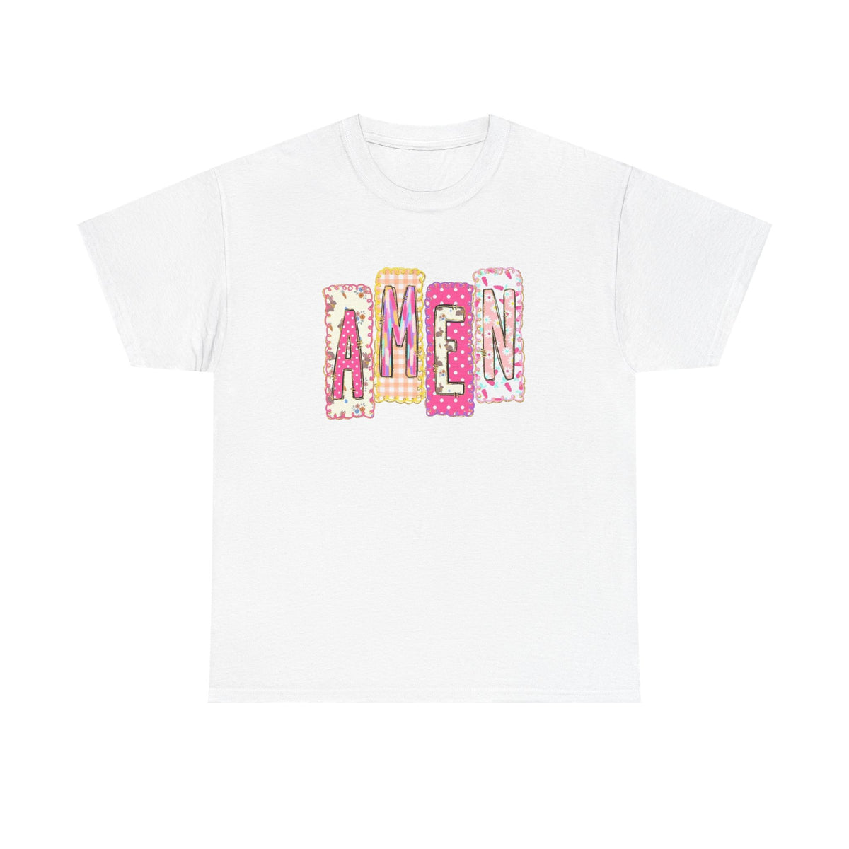 Amen Graphic Tee — Pink Patchwork Lettering Christian T‑Shirt