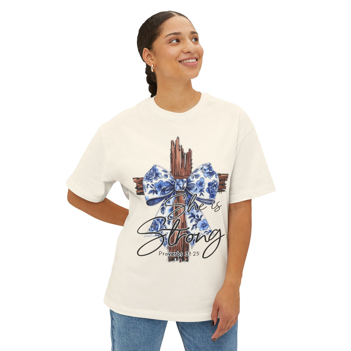 Cross & Bow Tee - Jesus Is Strong Graphic Oversized T-Shirt
