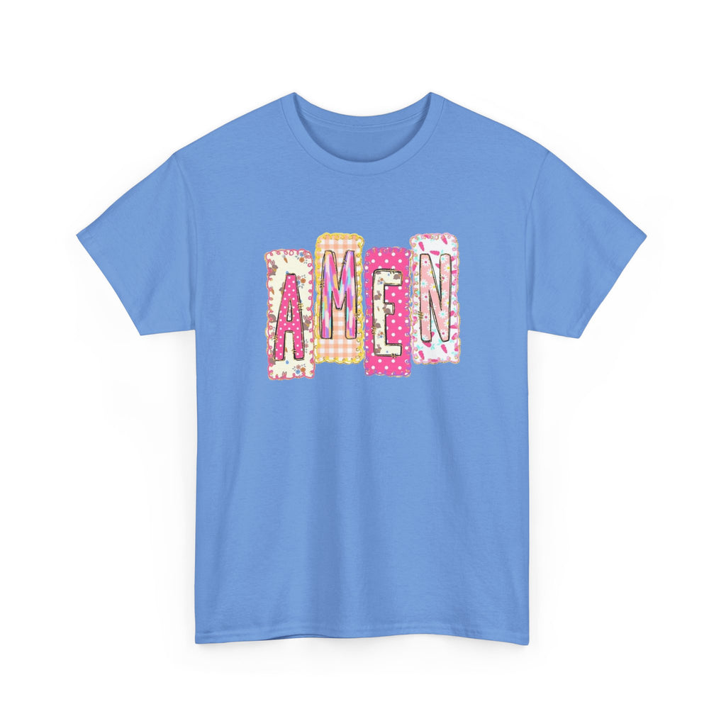 Amen Graphic Tee — Pink Patchwork Lettering Christian T‑Shirt