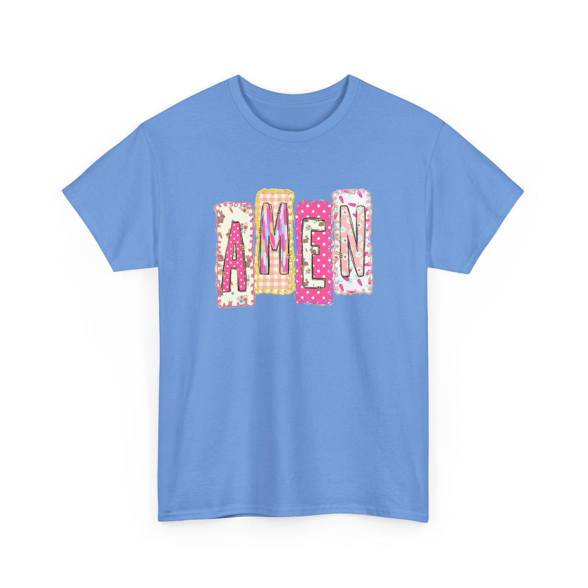 Amen Graphic Tee — Pink Patchwork Lettering Christian T‑Shirt