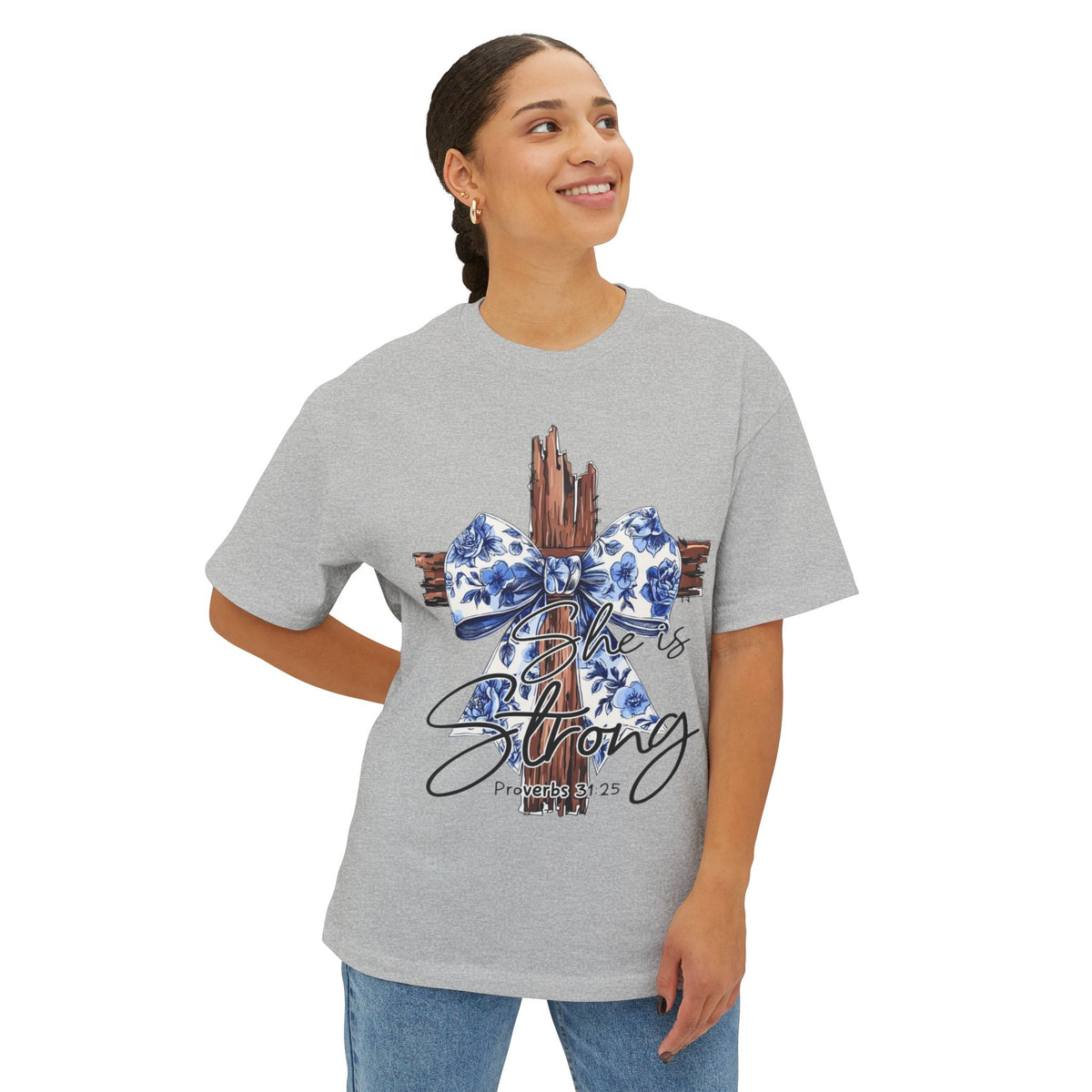 Cross & Bow Tee - Jesus Is Strong Graphic Oversized T-Shirt