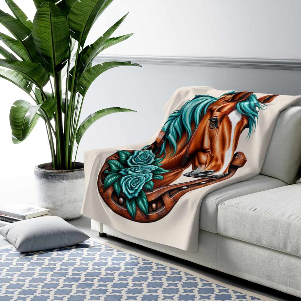Horse & Horseshoe Sherpa Blanket — Teal Mane Floral Equestrian Throw