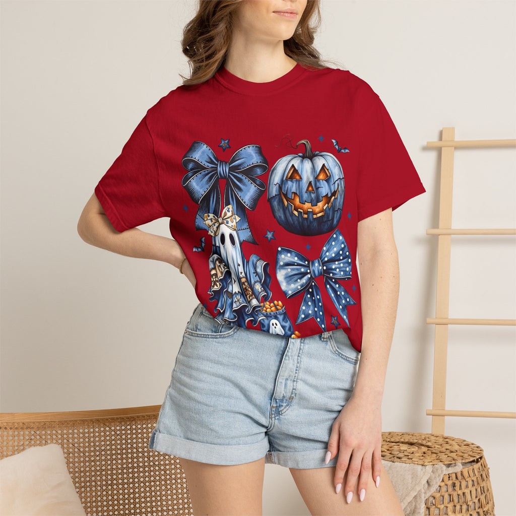 Halloween Blue Pumpkin & Ghost Graphic T-Shirt — Cute Spooky Bow Design