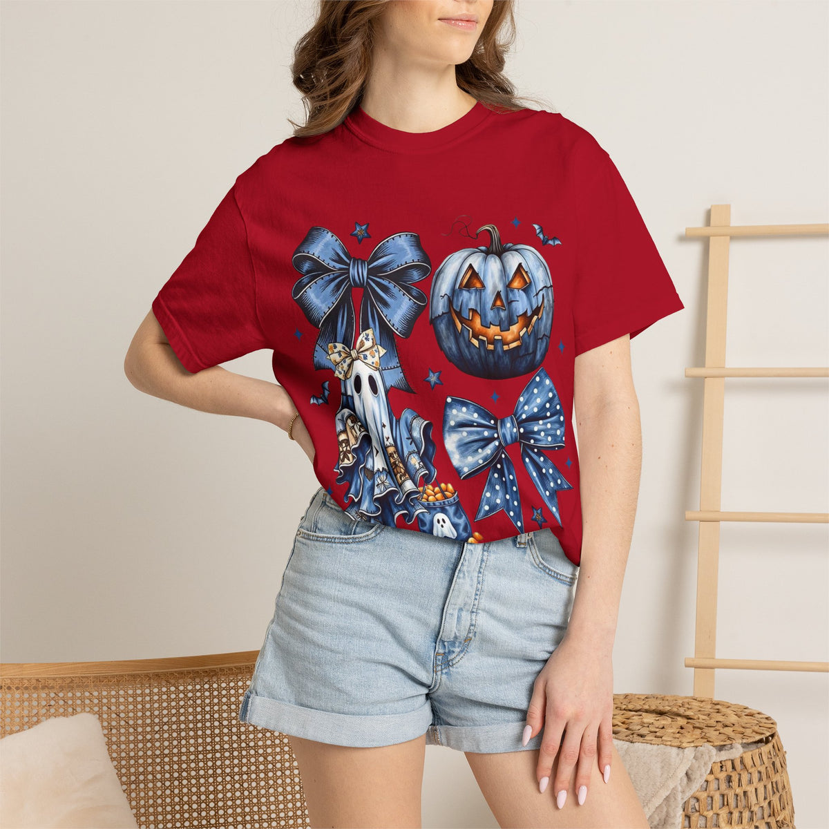 Halloween Blue Pumpkin & Ghost Graphic T-Shirt — Cute Spooky Bow Design