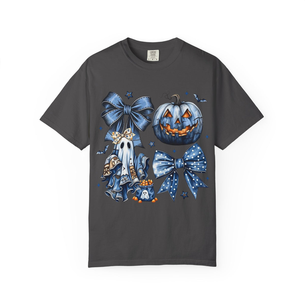 Halloween Blue Pumpkin & Ghost Graphic T-Shirt — Cute Spooky Bow Design