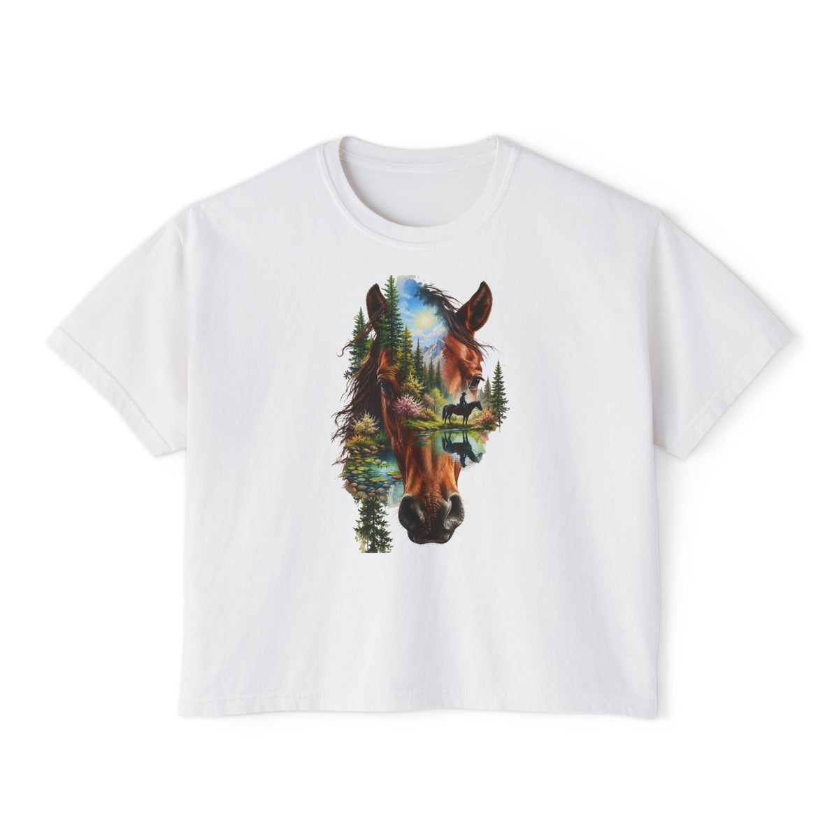 Women's Boxy Tee – Scenic Horse Double Exposure Graphic