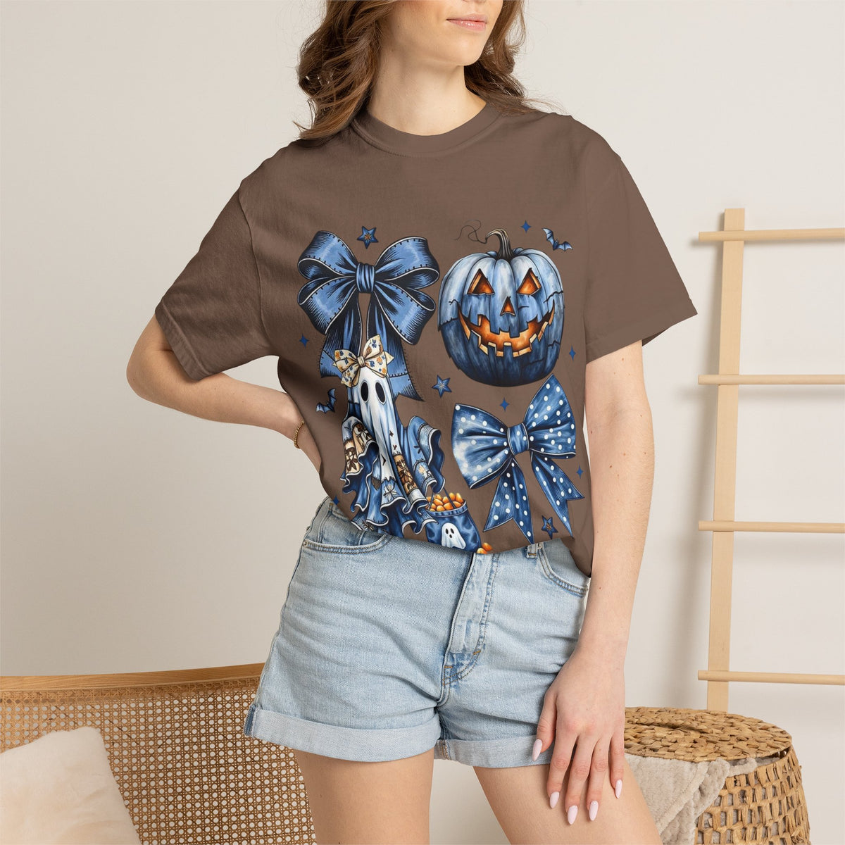 Halloween Blue Pumpkin & Ghost Graphic T-Shirt — Cute Spooky Bow Design